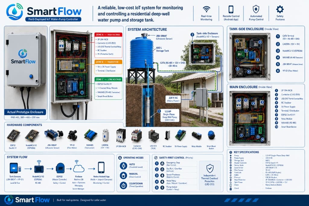 SmartFlow system architecture infographic showing the ESP32 controller, tank-side sensor node, RS-485 wiring, 1.5 HP pump with contactor, Firebase backend, and Android app